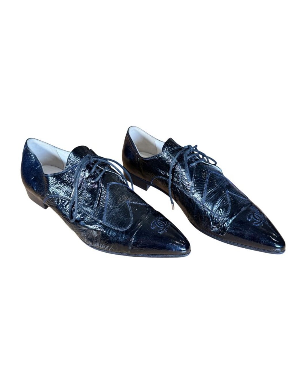 Chanel Interlocking CC Logo Derby Oxfords Black Patent Leather Cap Toe EU 40